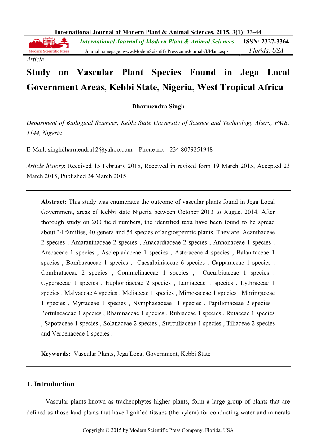 Study on Vascular Plant Species Found in Jega Local Government Areas, Kebbi State, Nigeria, West Tropical Africa