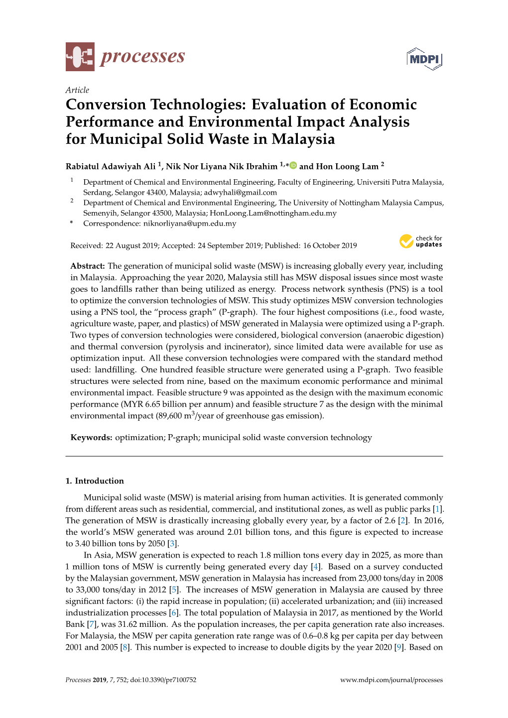 Conversion Technologies: Evaluation of Economic Performance and Environmental Impact Analysis for Municipal Solid Waste in Malaysia