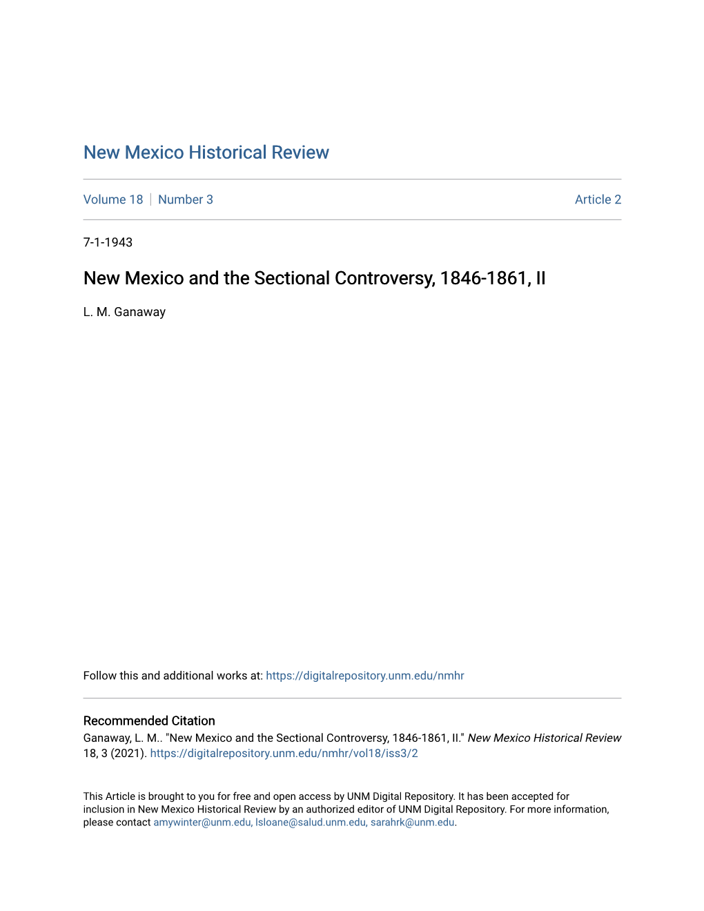 New Mexico and the Sectional Controversy, 1846-1861, II