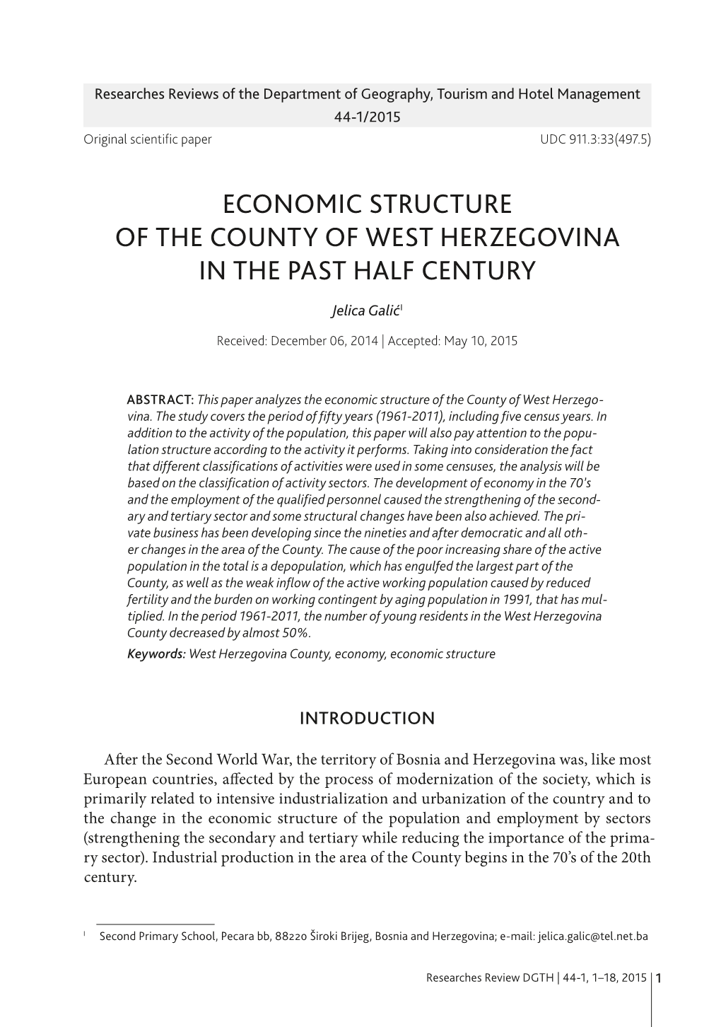 Economic Structure of the County of West Herzegovina in the Past Half Century