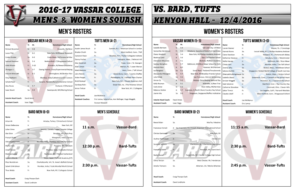 2016-17 Vassar College Men's & Women's Squash Vs. Bard, Tufts Kenyon Hall