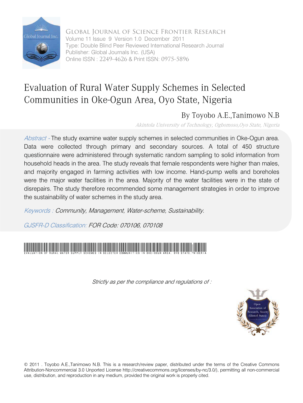 Evaluation of Rural Water Supply Schemes in Selected Communities in Oke-Ogun Area, Oyo State, Nigeria by Toyobo A.E.,Tanimowo N.B