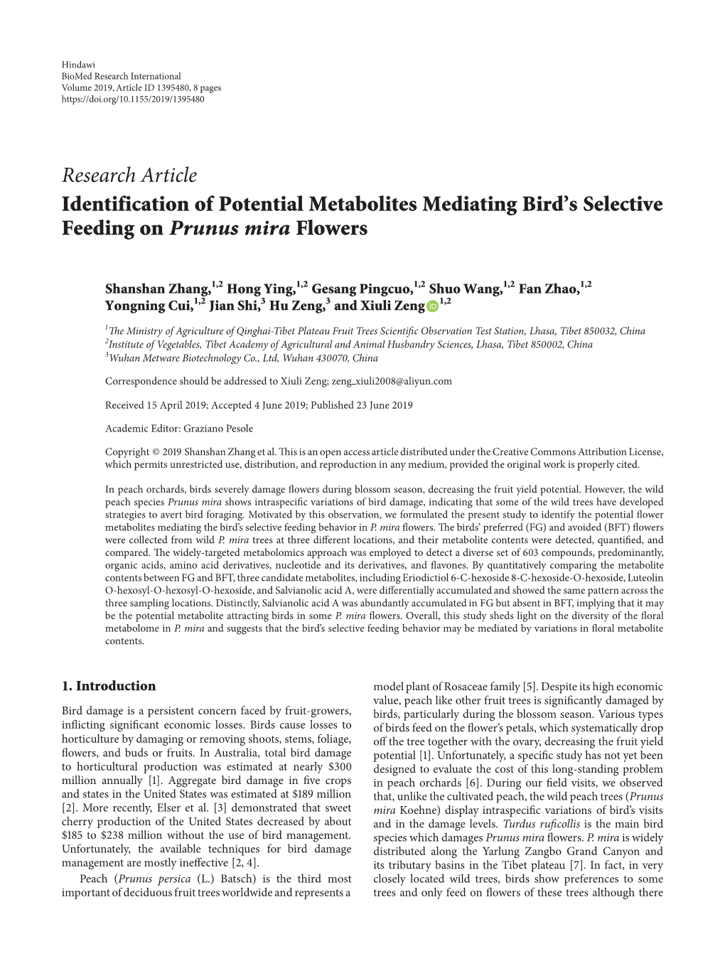 Research Article Identification of Potential Metabolites Mediating Bird’S Selective Feeding on Prunus Mira Flowers