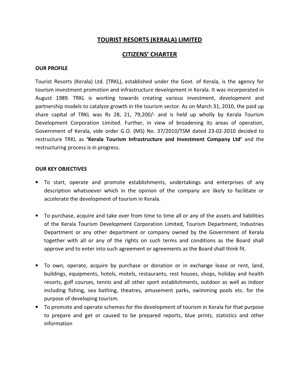 Tourist Resorts (Kerala) Limited Citizens' Charter