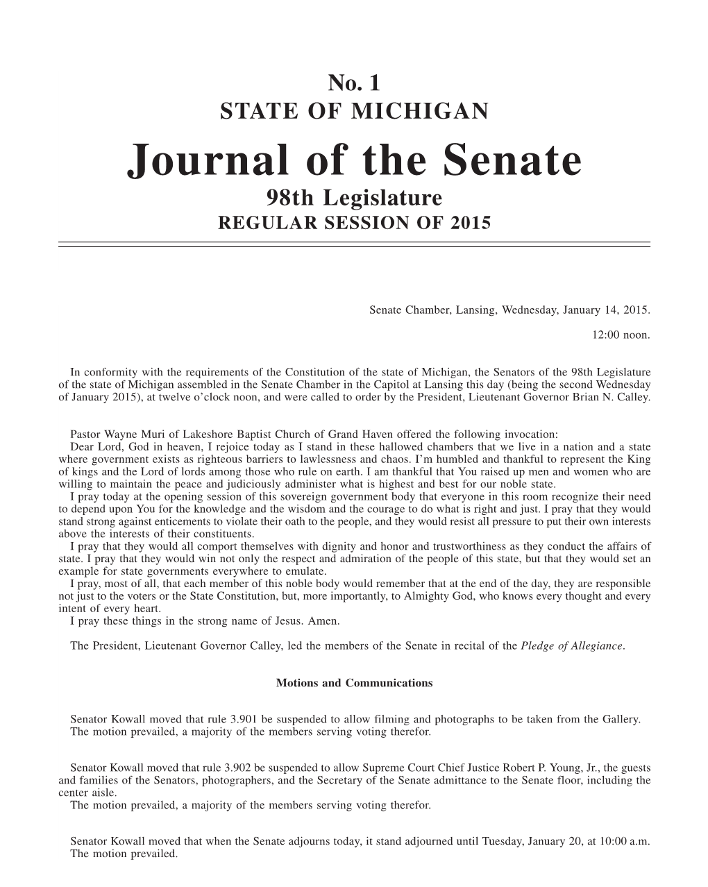 Journal of the Senate 98Th Legislature REGULAR SESSION of 2015