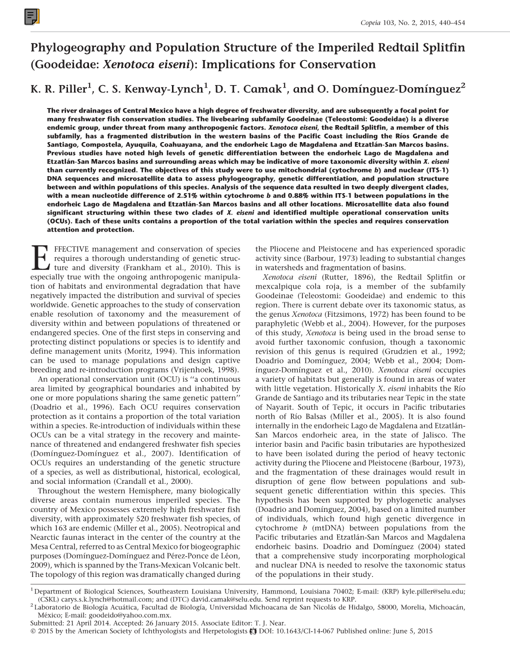 Goodeidae: Xenotoca Eiseni): Implications for Conservation