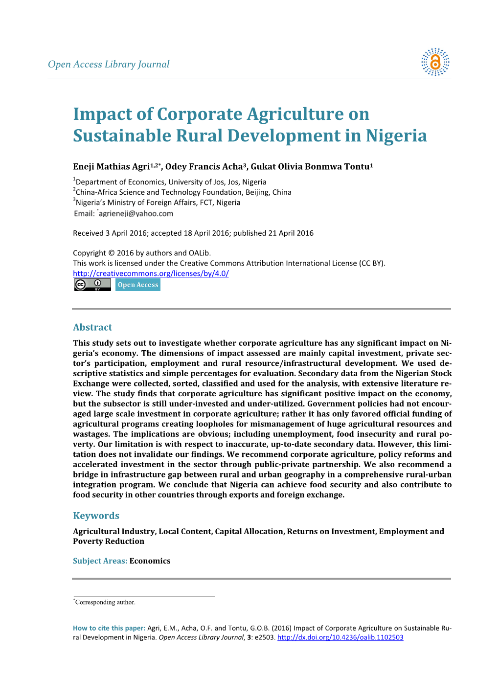 Impact of Corporate Agriculture on Sustainable Rural Development in Nigeria