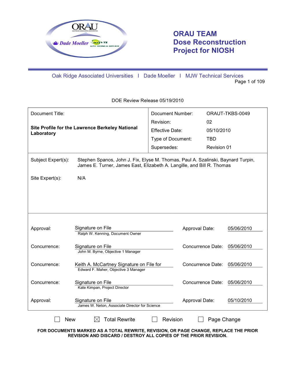 Site Profile for the Lawrence Berkeley National Laboratory