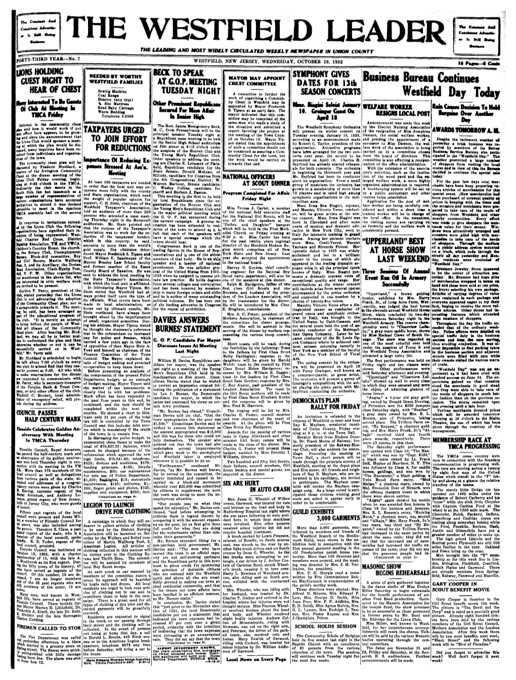 19, 1932 Uons Holding Needed by Wobthy Beck to Speak Mayo* May Appoint Symphony Gives Guest Night to Westfield Famiues at C.O.P