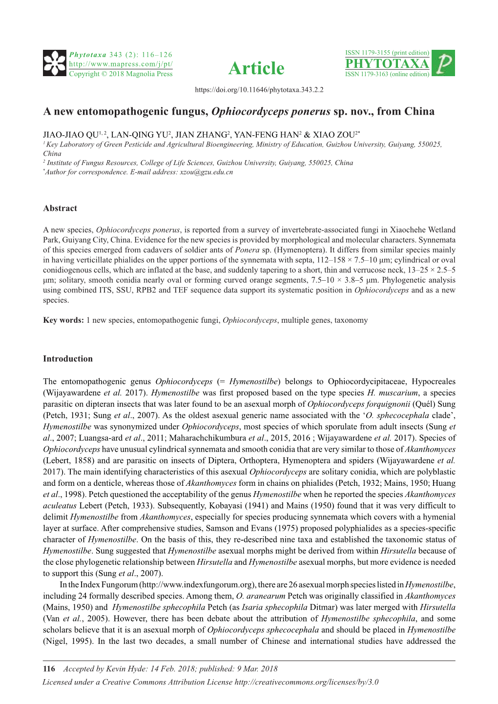 A New Entomopathogenic Fungus, Ophiocordyceps Ponerus Sp. Nov., from China