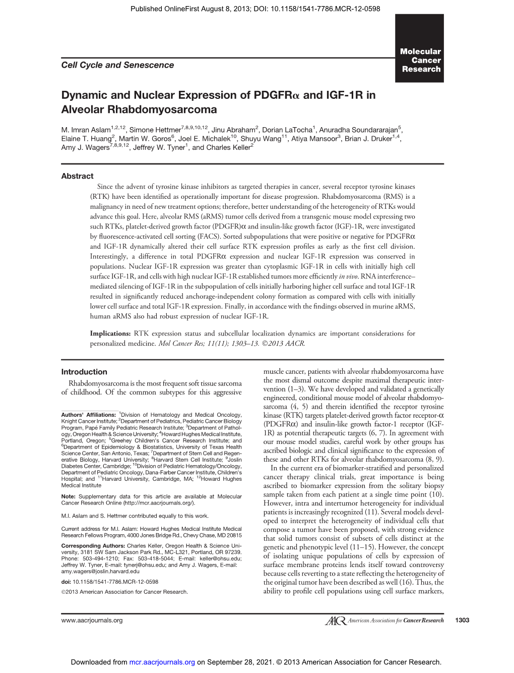 Dynamic and Nuclear Expression of Pdgfra and IGF-1R in Alveolar Rhabdomyosarcoma