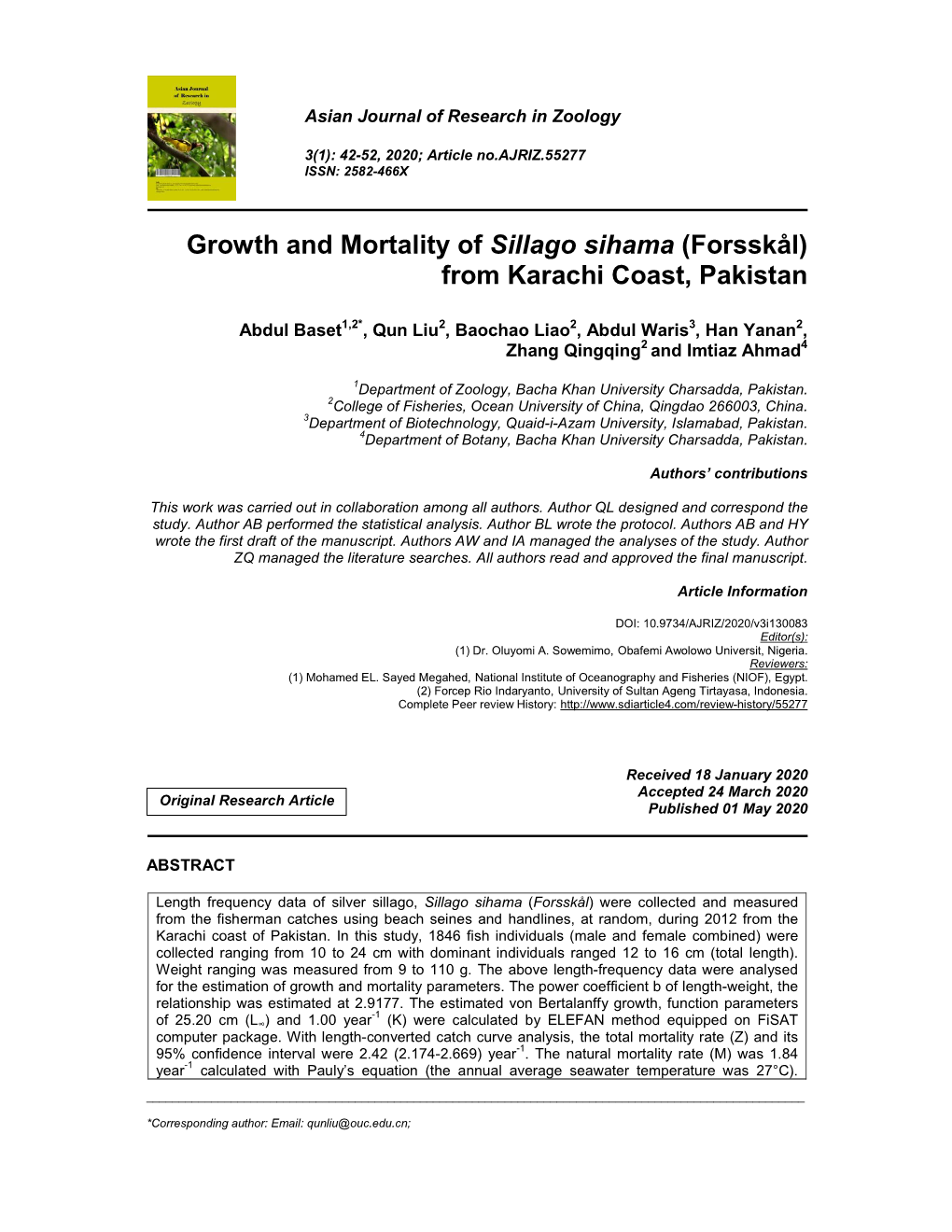 Growth and Mortality of Sillago Sihama (Forsskål) from Karachi Coast, Pakistan