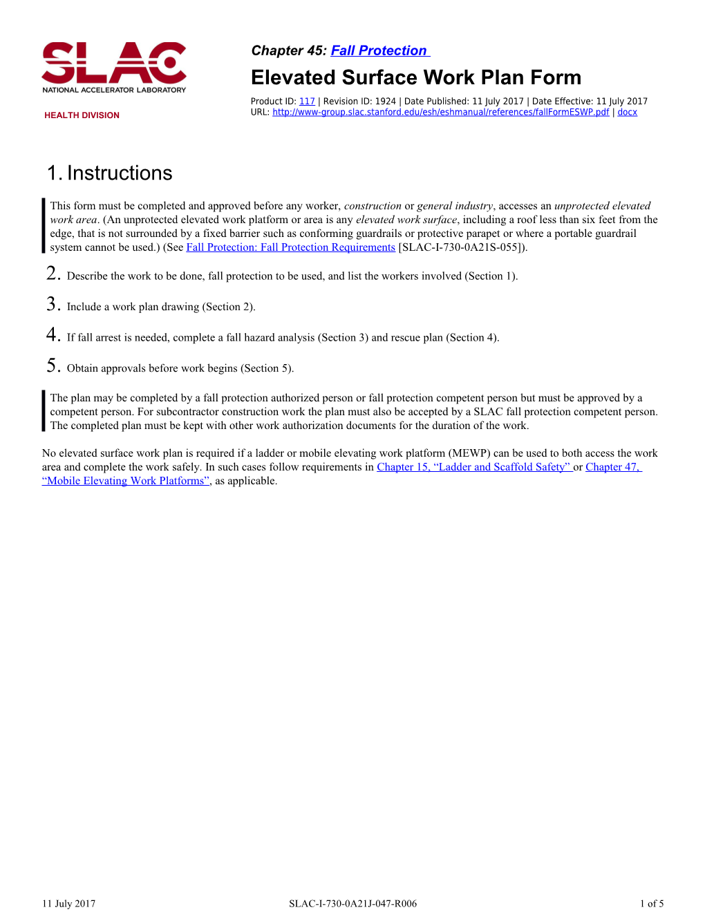 Elevated Surface Work Plan Form