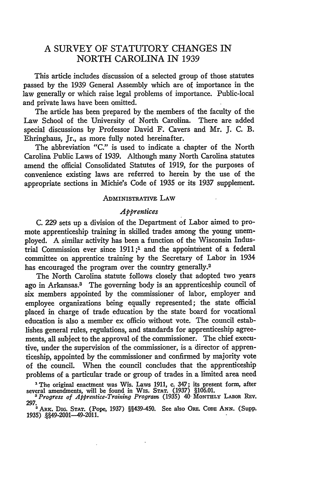 A Survey of Statutory Changes in North Carolina in 1939