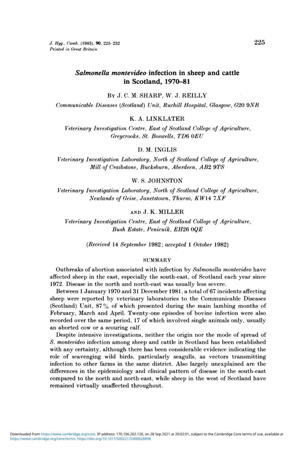 Salmonella Montevideo Infection in Sheep and Cattle in Scotland, 1970-81