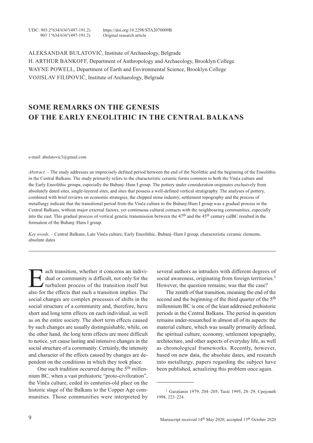 Some Remarks on the Genesis of the Early Eneolithic in the Central Balkans