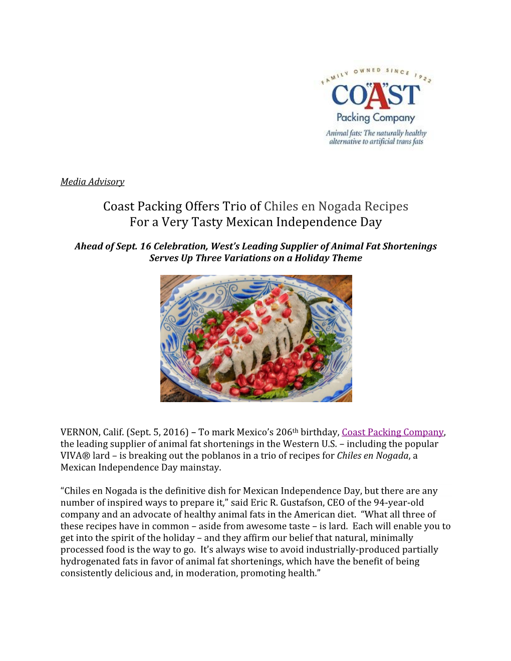 Coast Packing Offers Trio of Chiles En Nogada Recipes for a Very Tasty Mexican Independence Day