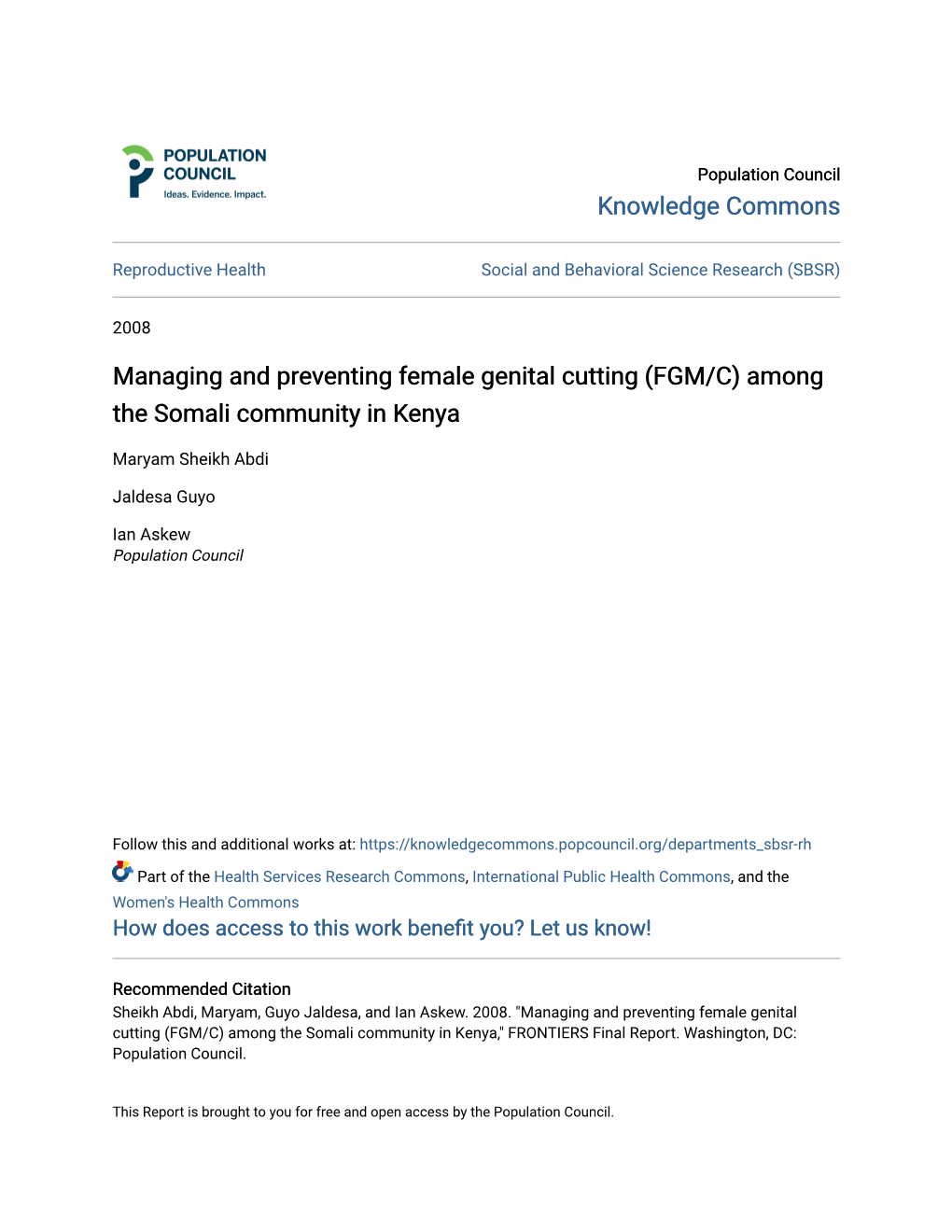 Managing and Preventing Female Genital Cutting (FGM/C) Among the Somali Community in Kenya