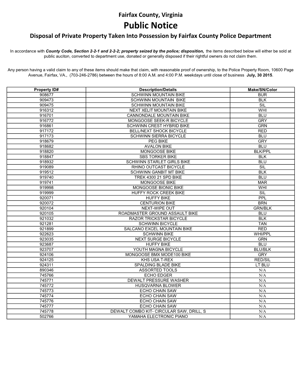 Public Notice Disposal of Private Property Taken Into Possession by Fairfax County Police Department