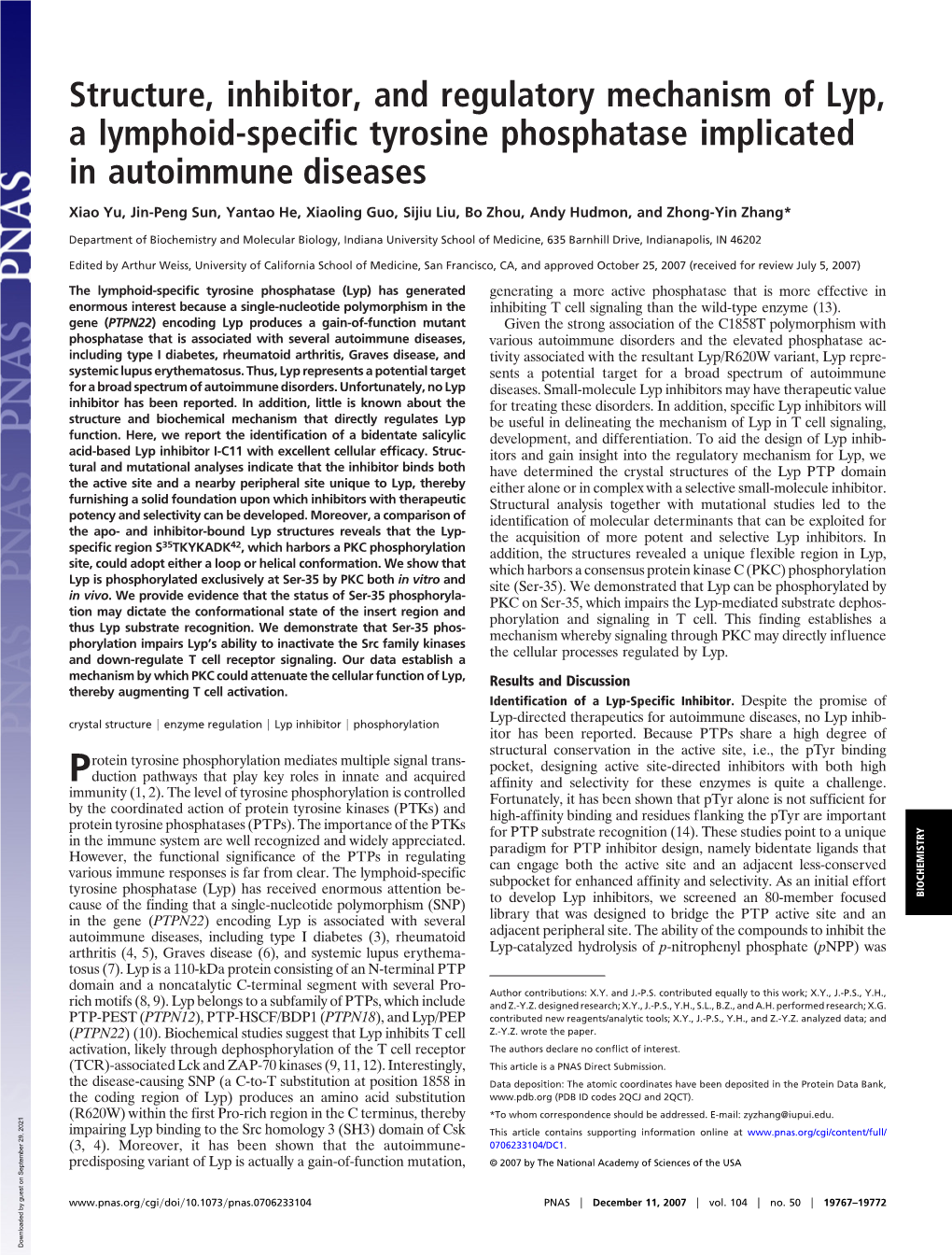 Structure, Inhibitor, and Regulatory Mechanism of Lyp, a Lymphoid-Specific Tyrosine Phosphatase Implicated in Autoimmune Diseases