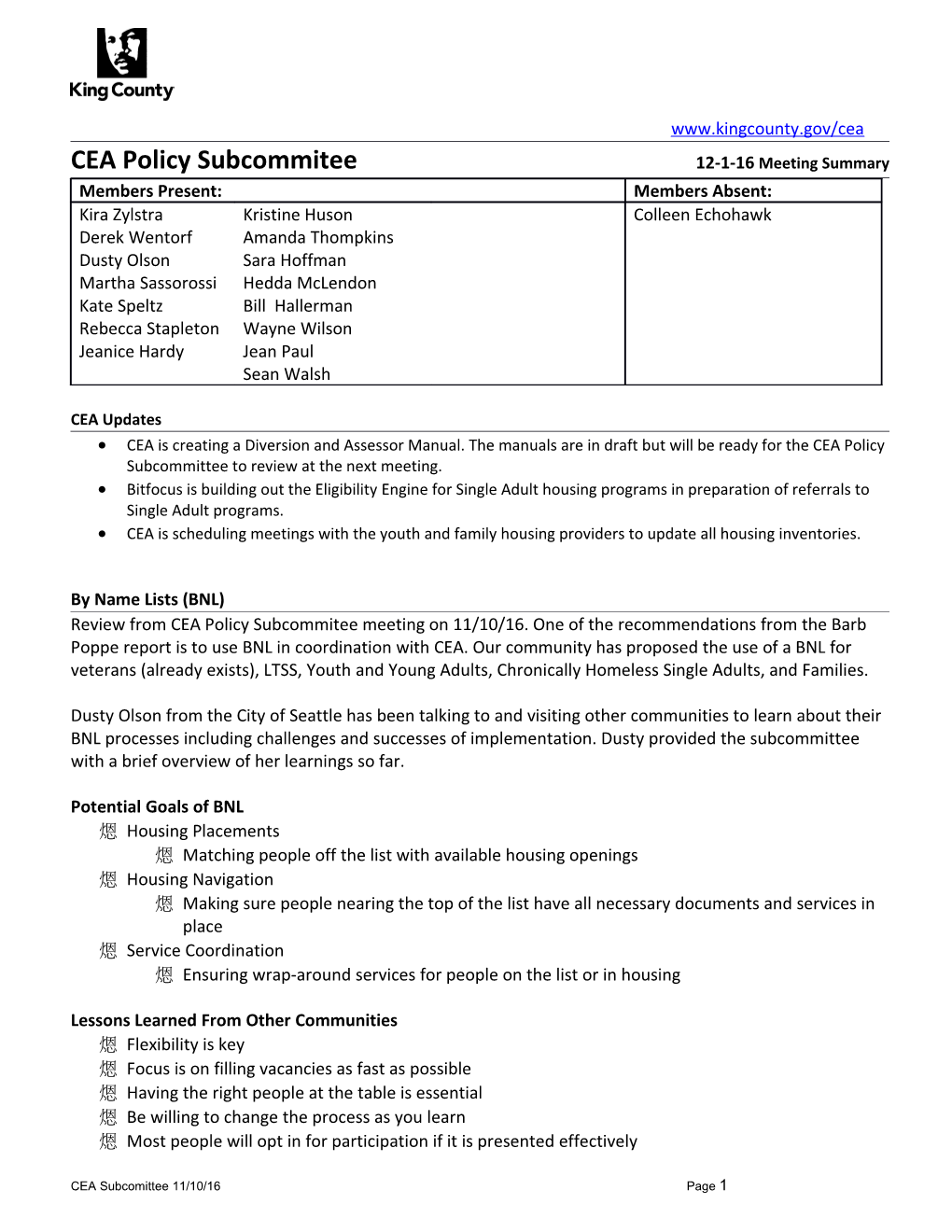 CEA Policy Subcommitee 12-1-16 Meeting Summary