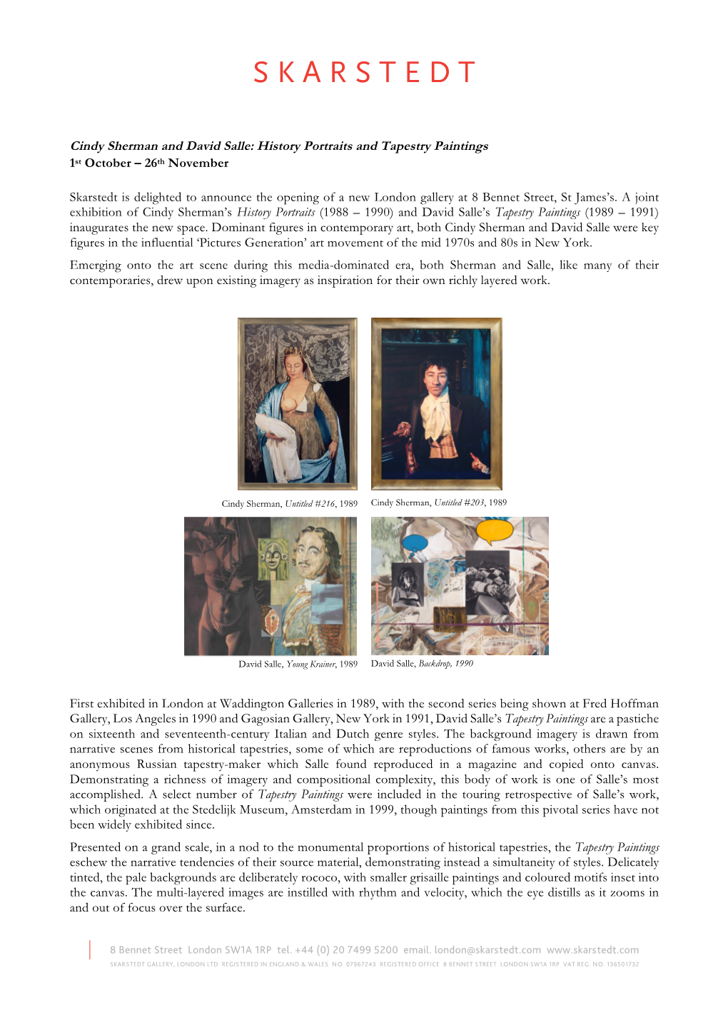 Cindy Sherman and David Salle: History Portraits and Tapestry Paintings 1St October – 26Th November