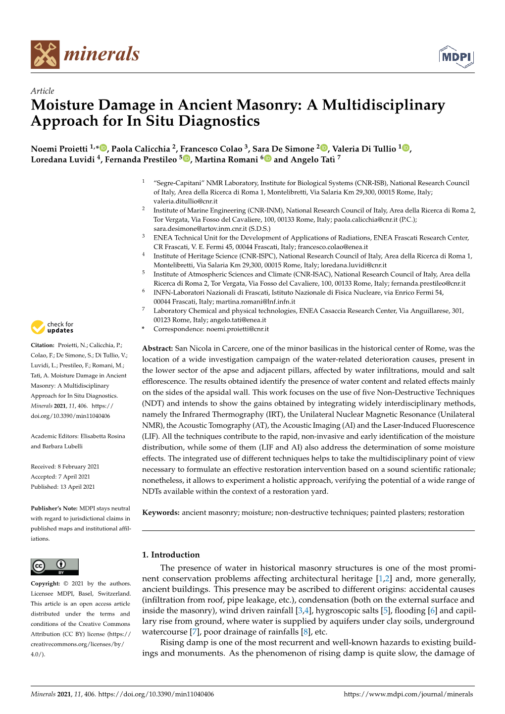 Moisture Damage in Ancient Masonry: a Multidisciplinary Approach for in Situ Diagnostics