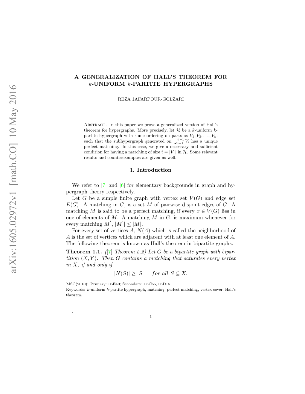A Generalization of Hall's Theorem for K-Uniform K-Partite Hypergraphs
