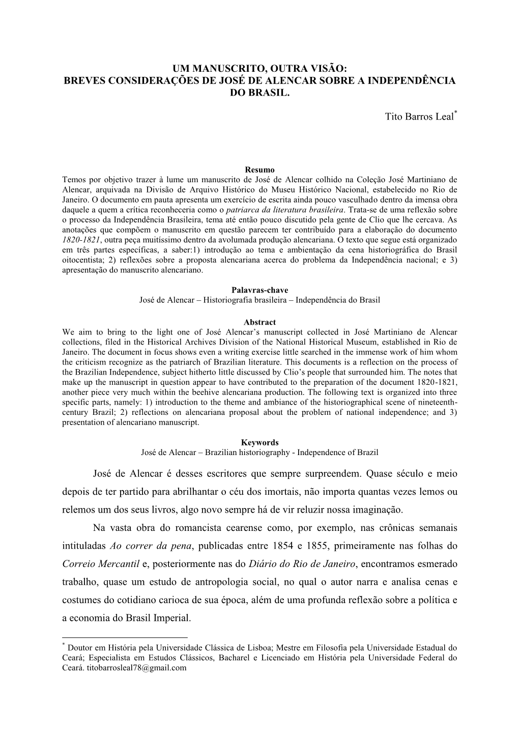 Breves Considerações De José De Alencar Sobre a Independência Do Brasil