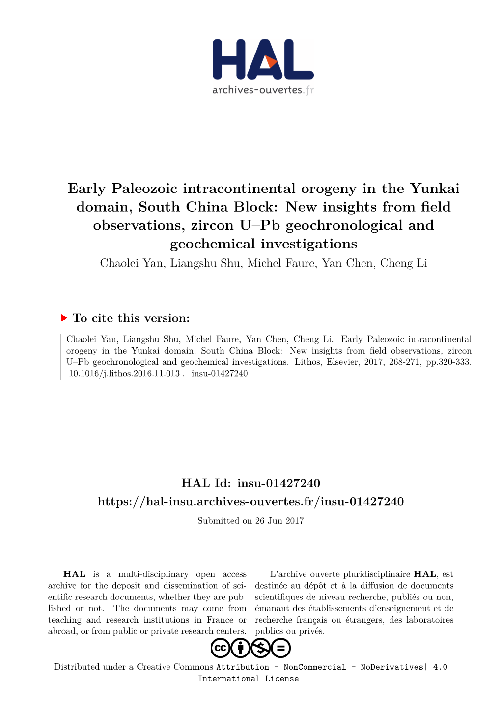 Early Paleozoic Intracontinental Orogeny in the Yunkai Domain