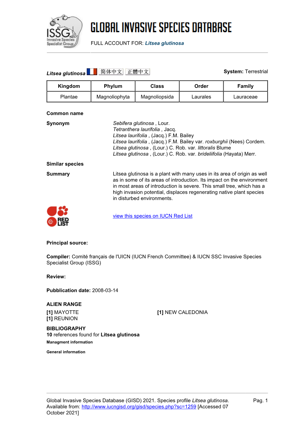 (GISD) 2021. Species Profile Litsea Glutinosa. Available