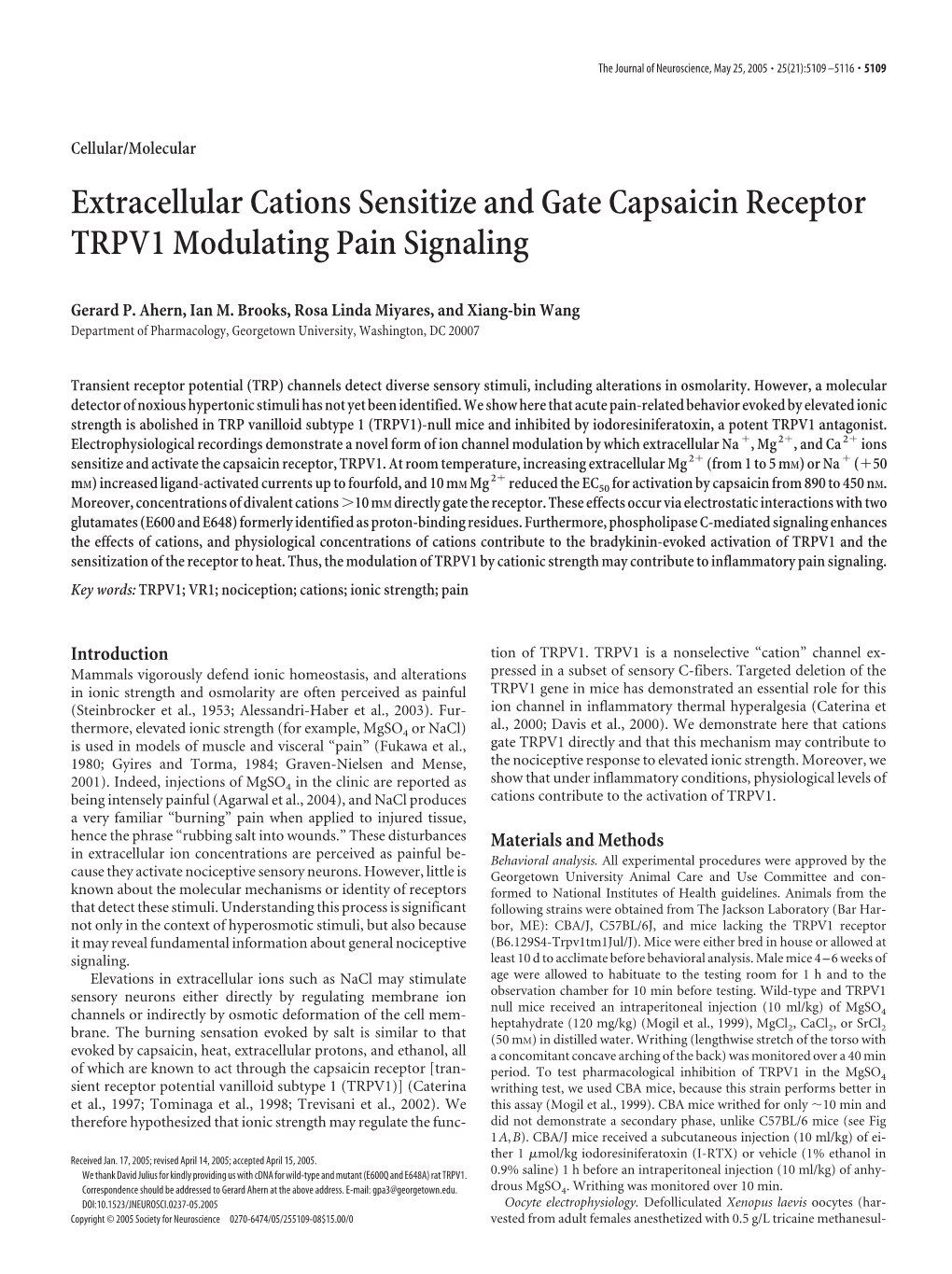 Extracellular Cations Sensitize and Gate Capsaicin Receptor TRPV1 Modulating Pain Signaling