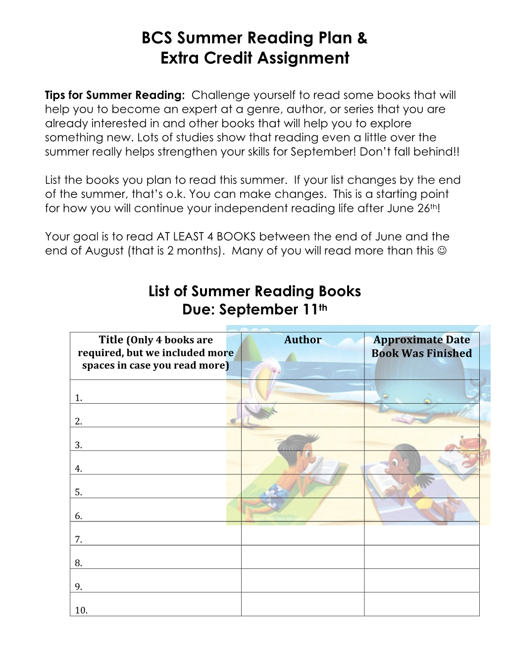 BCS Summer Reading Plan & Extra Credit Assignment