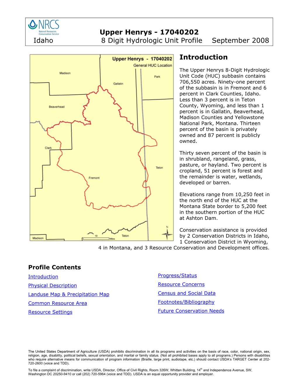 Upper Henrys - 17040202 Idaho 8 Digit Hydrologic Unit Profile September 2008