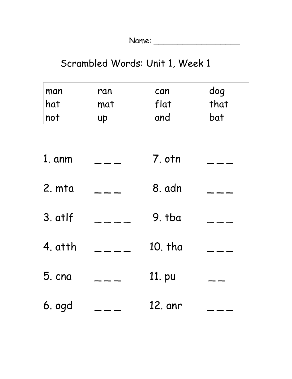 Scrambled Words: Unit 1, Week 1