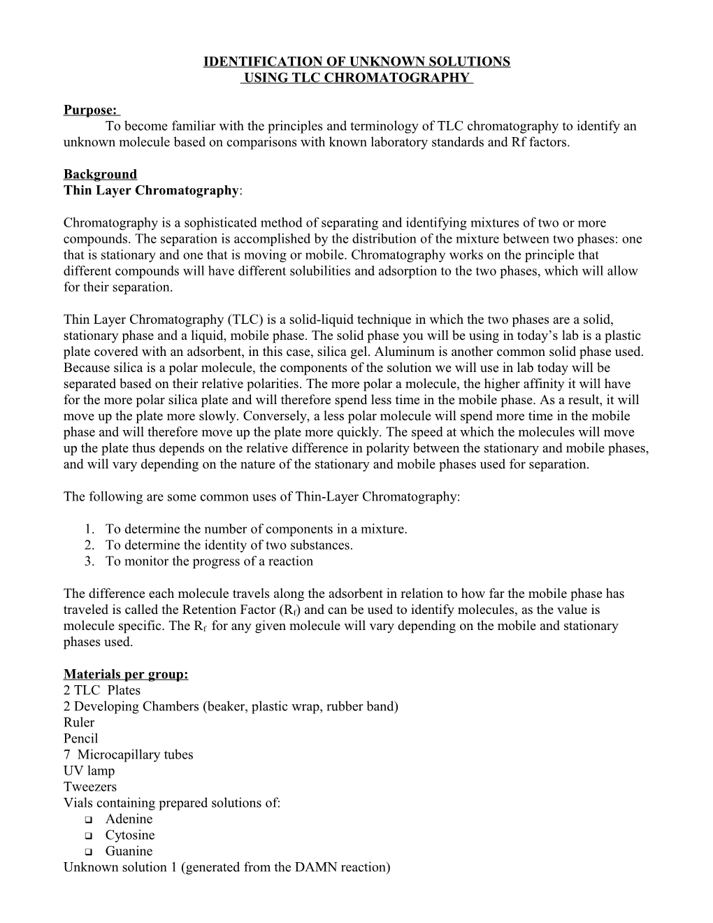 Tlc Chromatography Lab (Identification Of Unknown Solutions Using Tlc Chromatography)