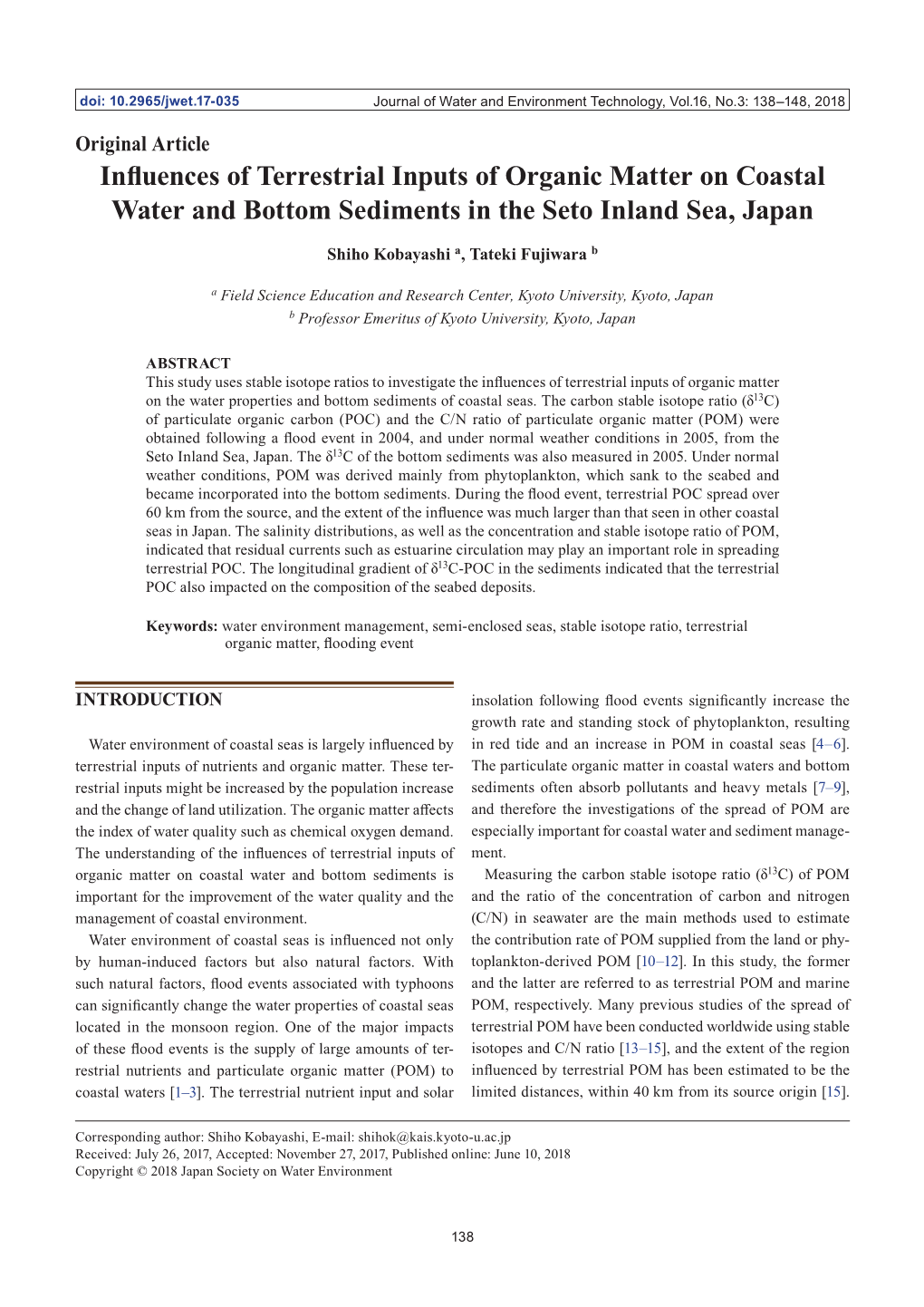 Influences of Terrestrial Inputs of Organic Matter on Coastal Water and Bottom Sediments in the Seto Inland Sea, Japan