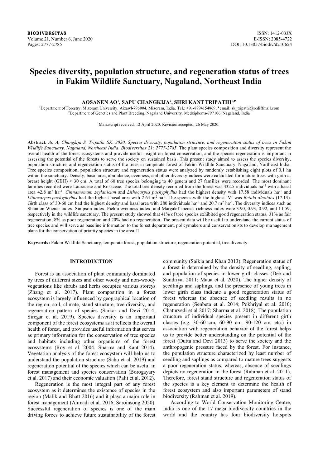 Species Diversity, Population Structure, and Regeneration Status of Trees in Fakim Wildlife Sanctuary, Nagaland, Northeast India