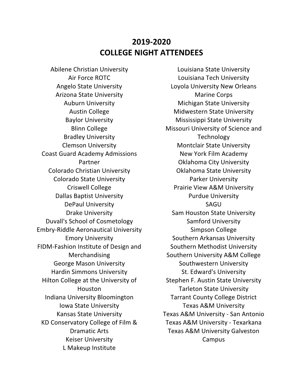 2019-2020 College Night Attendees