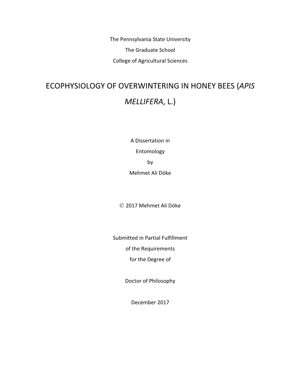 Ecophysiology of Overwintering in Honey Bees (Apis Mellifera, L.)