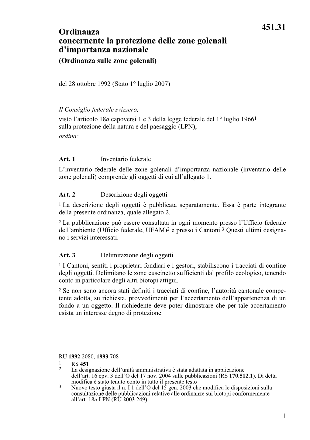 Ordinanza Concernente La Protezione Delle Zone Golenali D'importanza