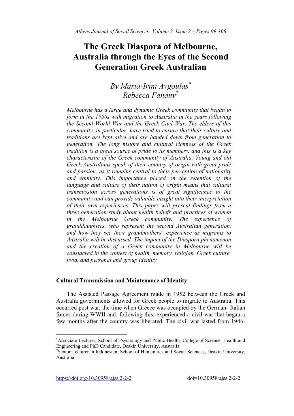 The Greek Diaspora of Melbourne, Australia Through the Eyes of the Second Generation Greek Australian