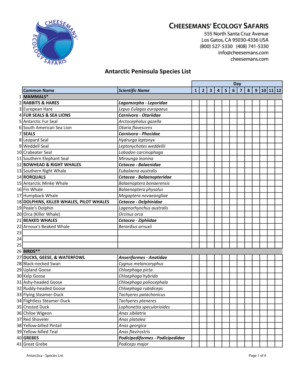 Antarctic Peninsula Species List