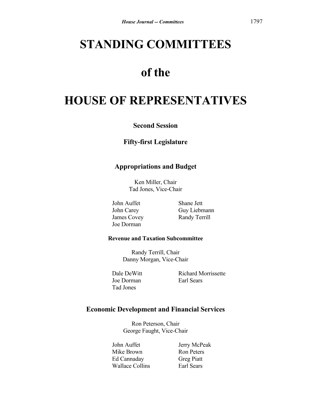 STANDING COMMITTEES of the HOUSE of REPRESENTATIVES