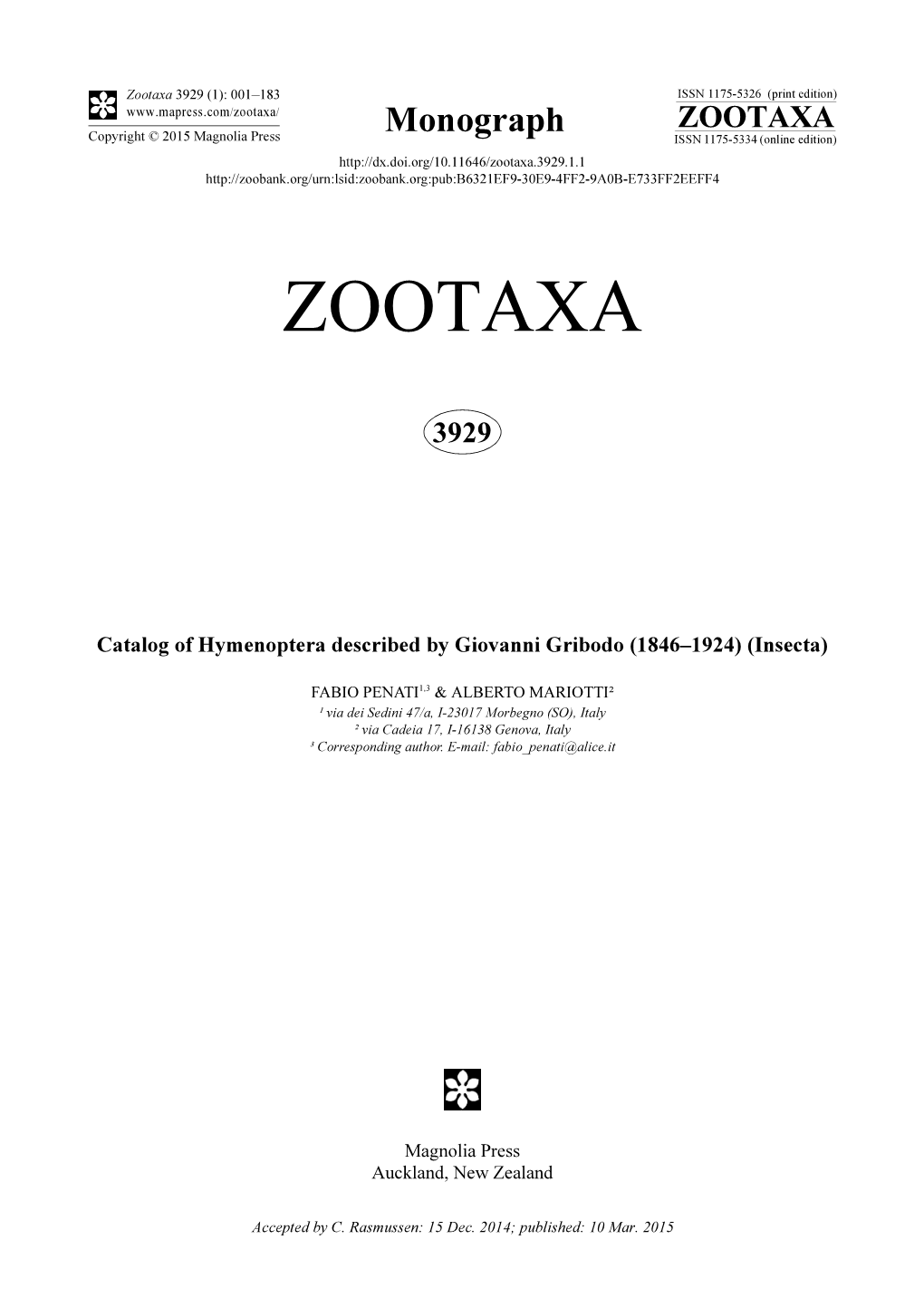 Catalog of Hymenoptera Described by Giovanni Gribodo (1846–1924) (Insecta)