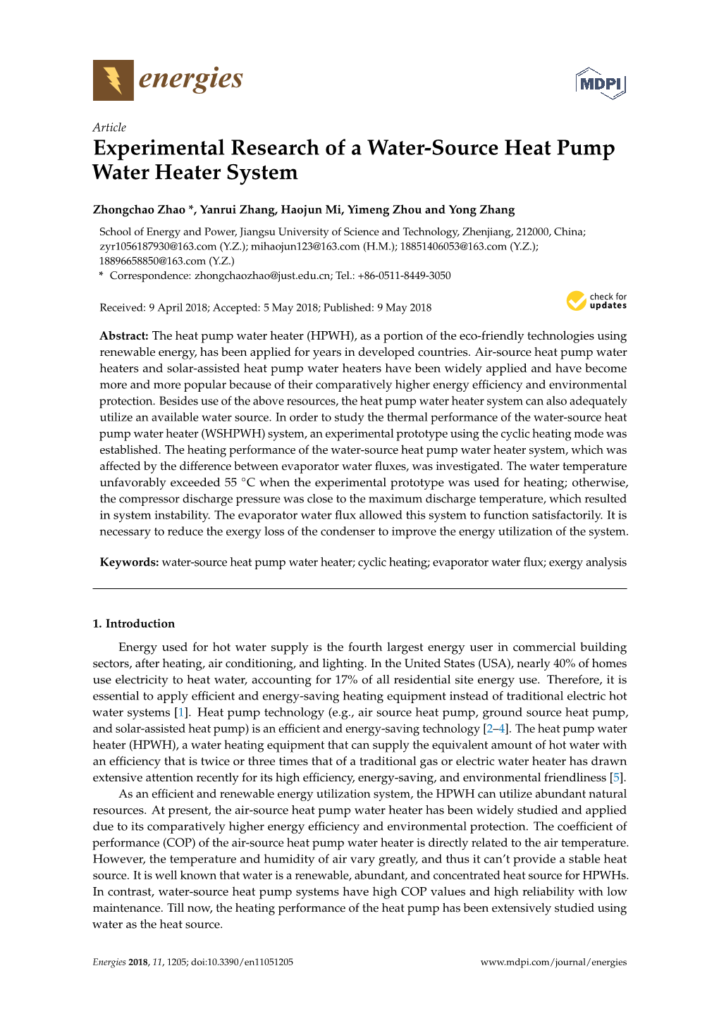 Experimental Research of a Water-Source Heat Pump Water Heater System
