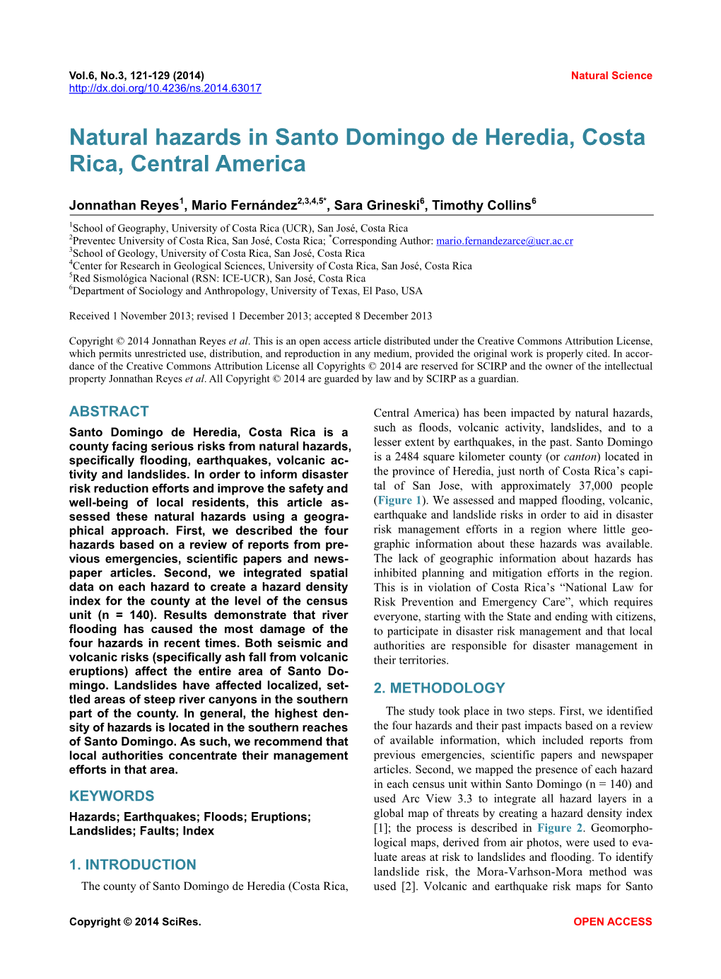 Natural Hazards in Santo Domingo De Heredia, Costa Rica, Central America