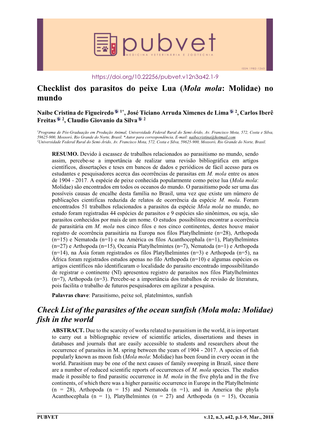 Checklist Dos Parasitos Do Peixe Lua (Mola Mola: Molidae) No Mundo