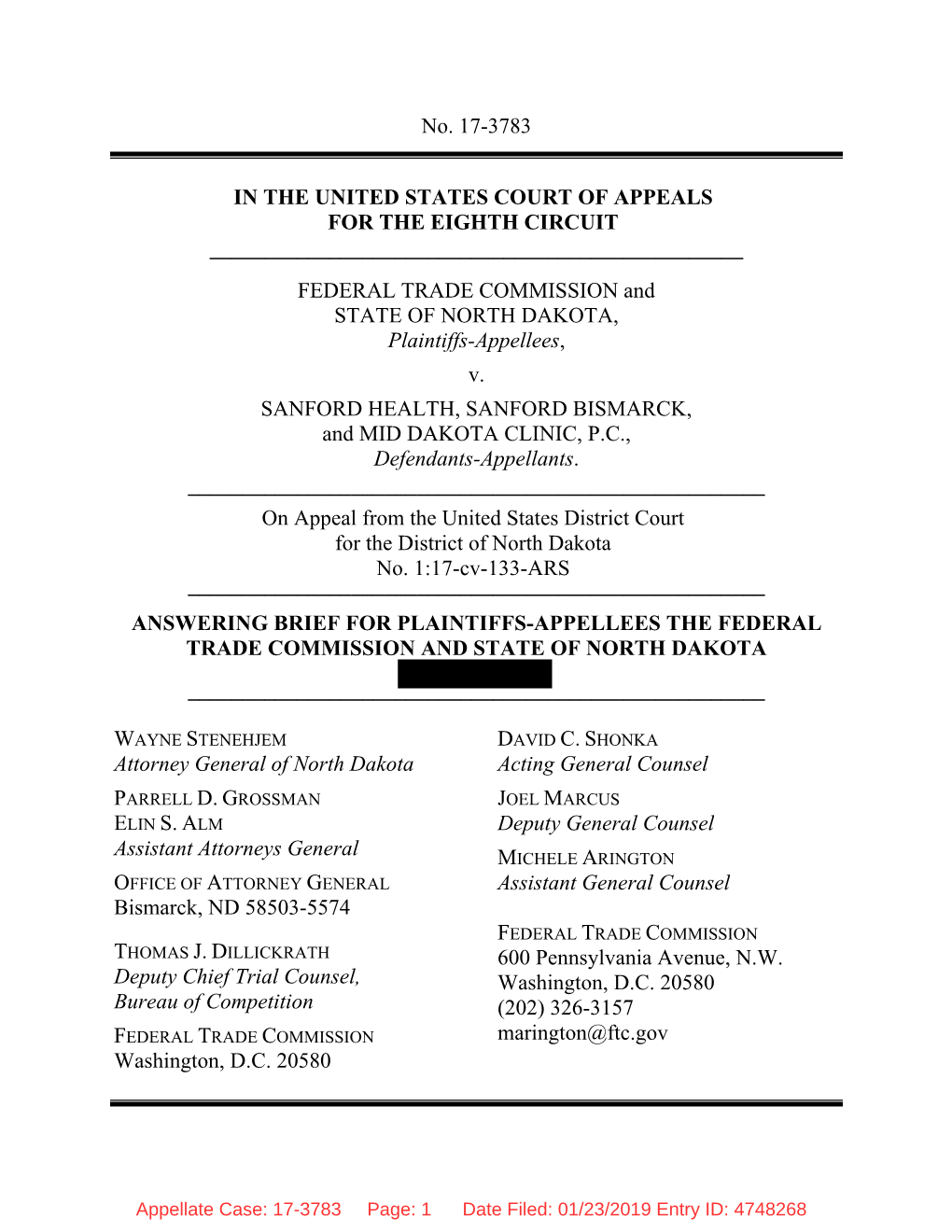 Sanford Health Answering Brief for Plaintiffs-Appellees the FTC And