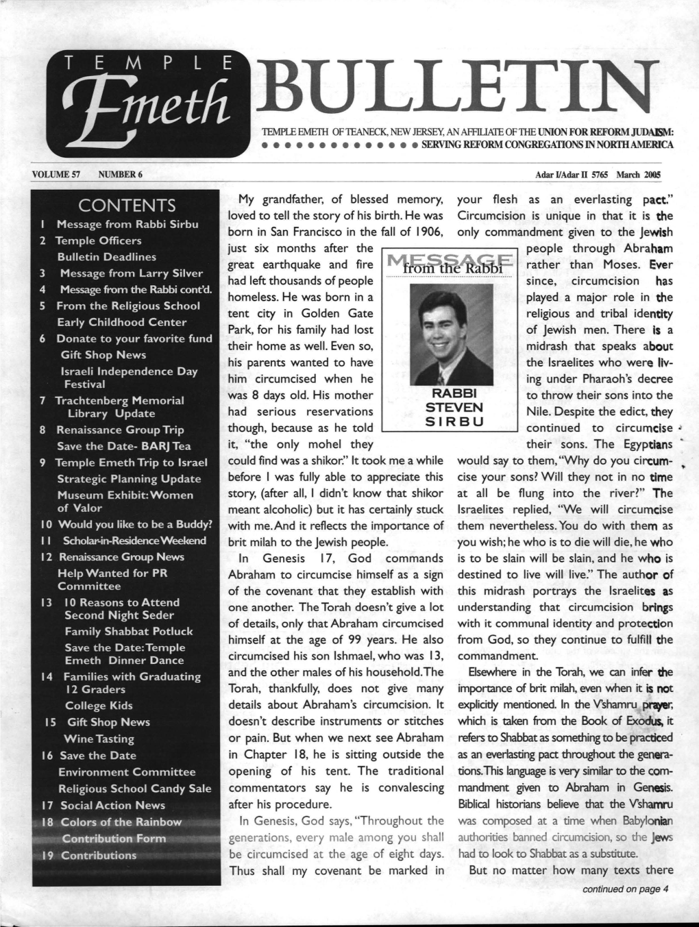 BULLETIN TEMPLE Emelh OF1EANECK, NEW JERSEY, an Affiliate of 1HE UNION for REFORM JUDA&D: • • •••••••••••• SERVING REFORM CONGREGATIONS in NOR1HAMERICA